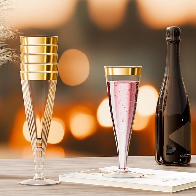 Plastic Champagne Flutes Gold Rim Disposable Wine Glasses - 40 Pack 4.5 Oz Mimosa Glasses Bulk Cocktail Cups for Party Supplies Wedding Bride Bar Women's Day, Copas De Plastico Para Brindis