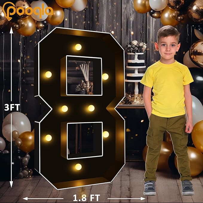 Pooqla 3FT Marquee Light Up Numbers, Black Lighted Party Decor for her him Women Men, Giant Mosaic Light Up Numbers for 8th 18th 80th Birthday Anniversary Decoration, Number 8