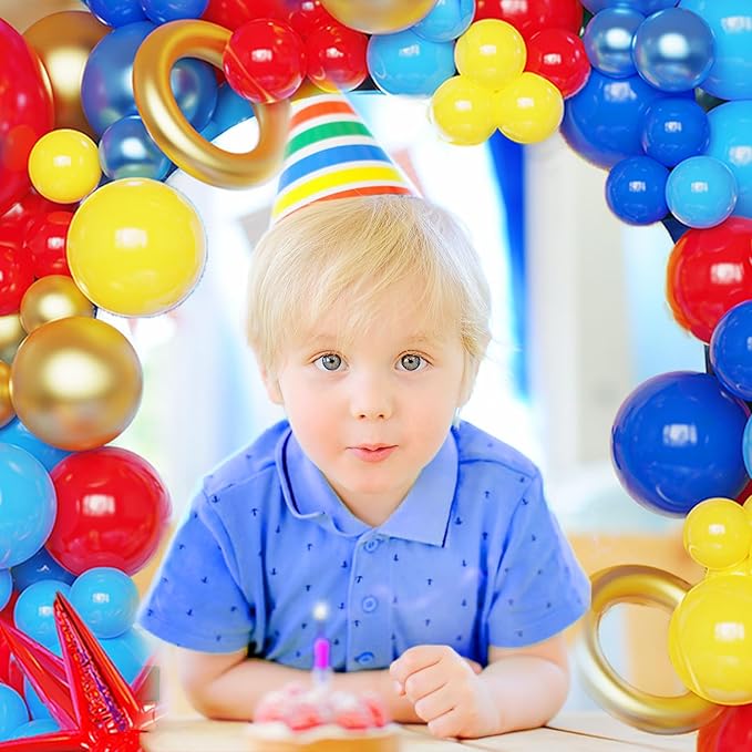 142 Pcs Cartoon Hedgehog Red Blue Yellow Balloon Arch Kit,Gold Circle Twisting Balloons with Exploding Star Foil Balloons for Video Game Theme Birthday Party Carnival Circus Baby Shower Decorations