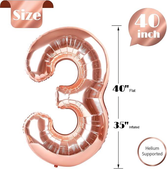 Rose Gold 3 Balloon, Number Balloons 40 Inch, 3rd Birthday Decorations for Kids Girls Boys, Men Women Party Supplies for Party Decorations, Number 3 Balloon
