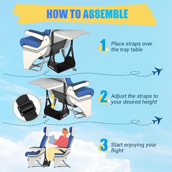 Airplane Foot Hammock, No Collapse Foot Rest for Plane Travel with Extended Adjustment Strap, Portable Desk Foot Hammock with Thickened Foam, Foot Sling Travel Essentials to Relax Your Feet