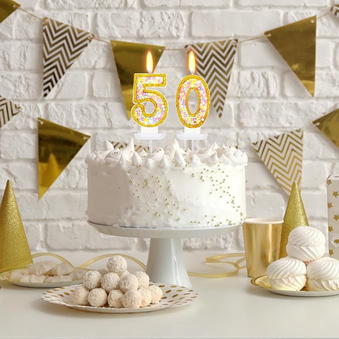 50th Birthday Candle for Women/Men, Golden Macaron Numeral Candles, Birthday Party Cake Decorations, Cake Topper for Birthday Party Supplies (Number 50)