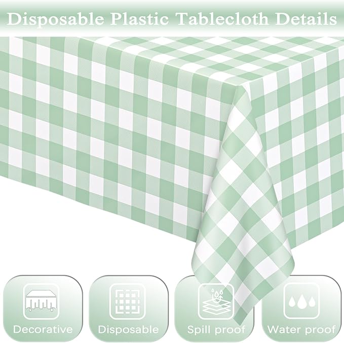 WNINK 6 Pack Sage Green Checkered Rectangular Plastic Tablecloths, Green Gingham Waterproof Disposable Table Covers 54" x 108" for Birthday, Baby Shower, Wedding, Outdoor Picnic Parties