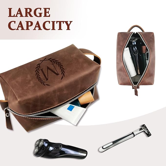 Personalized Gifts Travel Toiletry Bag for Men Engraved Initial PU Leather Waterproof Shaving Bag for Toiletries Accessories Fathers Day Birthday Gift for Men Dad Husband Son, Reddish Brown Y