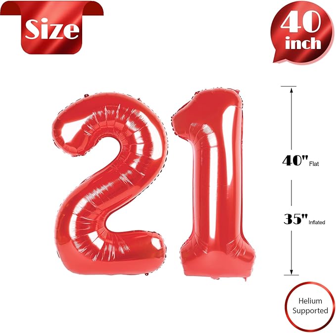 21 Balloon Number, Red Number 21st Birthday Balloons 40 Inch, 21 or 12 Years Old Red Birthday Decorations for Men Women Him Her, 21st Anniversary Decorations