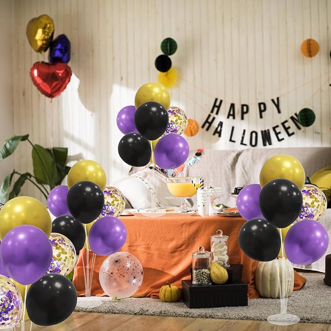 Halloween Decorations Balloon Stand with Purple Black and Gold Balloons Balloon Centerpieces for Birthday Bridal Shower Wedding Retirement Graduation New Years (Purple black gold set4)