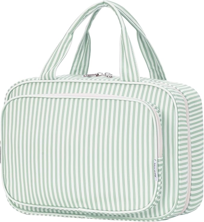 Narwey Striped Travel Toiletry Bag for Women Large Hanging Makeup Bag Organizer Toiletries Bag for Full Size Essentials Accessories Cosmetics (Mint Green Stripe (Large))