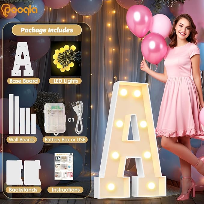 Pooqla 3FT Light Up Marquee Letters, Cool White and Warm White LED Large Lighted Marquee Birthday Decor, Giant Mosaic Letters Sign for Graduation Anniversary Wedding Party Decoration, Letter H
