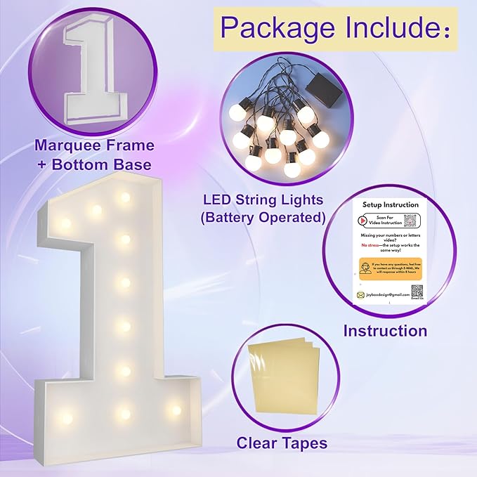 3FT Marquee Light Up Numbers Pre-Cut Frame Giant Marquee Numbers 1, Mosaic Numbers for Balloons, First 1st 21st Birthday Anniversary Decorations Party Decor