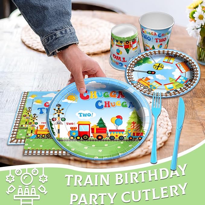 Chuagaa Chugga Two Two 142PCS Birthday Decoration Train Paper Plates Tableware Set - Transportation Table Cloth Banner Cups for 2nd Birthday Train Party Supplies