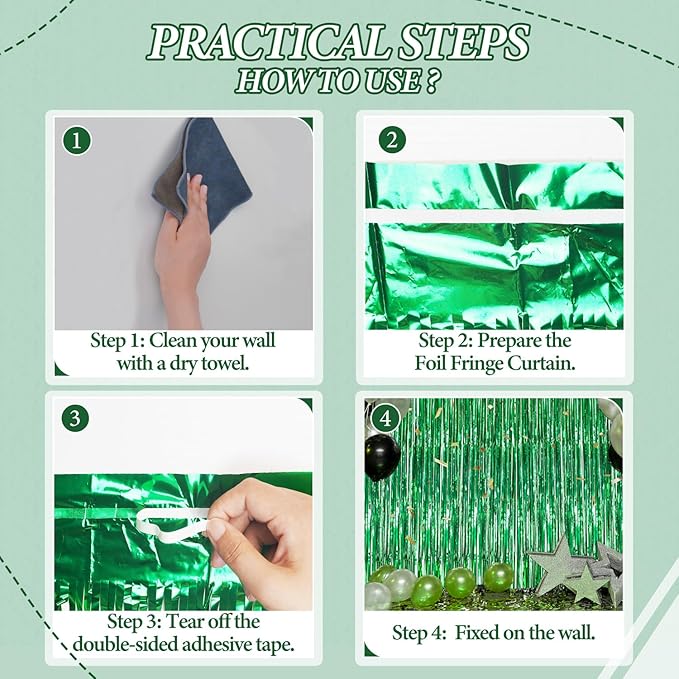 3 Pack Foil Fringe Backdrop - Green Shiny Tinsel Curtains for Party Decoration/Photo Booth Props - 3.3x8.2 FT Metallic Foil Backdrop for Birthday, Wedding, Graduation, Christmas.