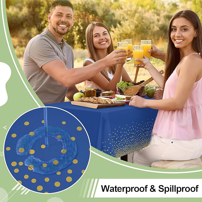 misaya 3 Packs Dot Disposable Table Cloth, 54 x 108 Inch Waterproof Plastic Tablecloth, Rectangle Gold Dots in Navy Table Covers for Easter, Picnic, Birthday, Party