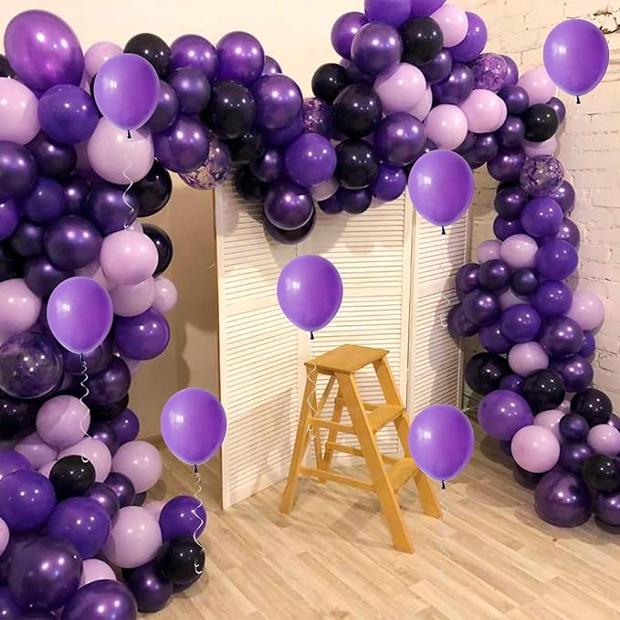 Purple and Black Balloons, 60 Packs 12 Inch Dark Purple Light Purple Black Balloons with Metallic Silver Confetti Latex Balloons for Halloween, Girls Women Birthday Wedding Party Decorations