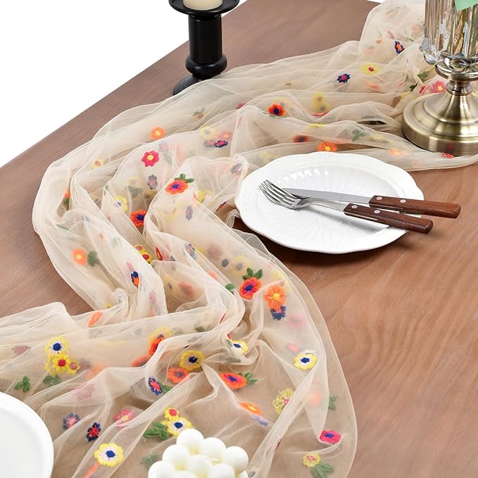 Joanlody 6pcs Champagne Embroidery Daisy Spring Summer Table Runner Florals Seasonal Easter Tulle Table Runner Holiday Kitchen Dining Table Decoration for Home Party Indoor