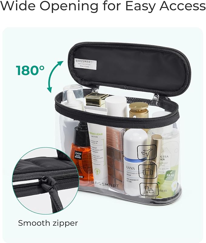 BAGSMART TSA Approved Toiletry Bag, Clear Makeup Cosmetic Bag Organizer, Quart Size Travel Bag for Toiletries, Carry-on Travel Accessories Essentials, 1 Pack-Black