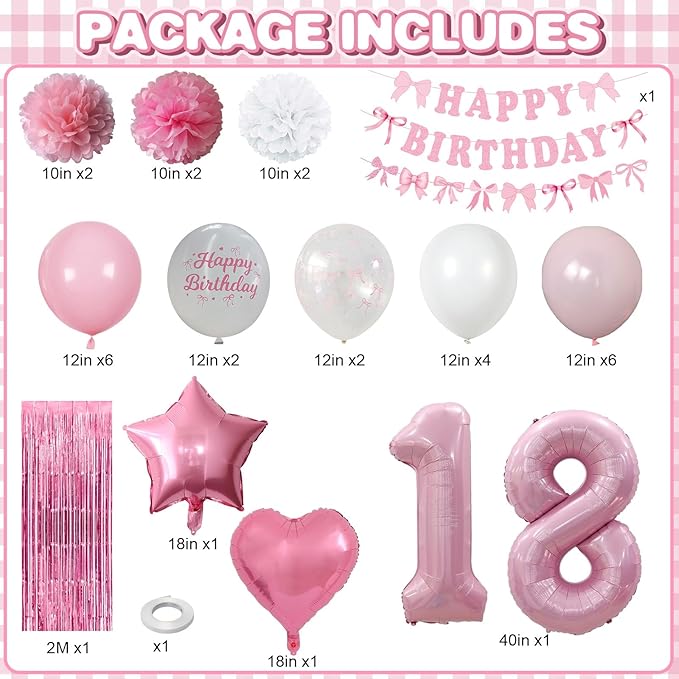 18th Birthday Decorations for Girls Pink Number 18 Balloon Bow Coquette Happy Birthday Banner Fringe Curtain Paper Pom Poms Star Heart Foil Pink White Balloons 18 Year Old Party Decor for Her