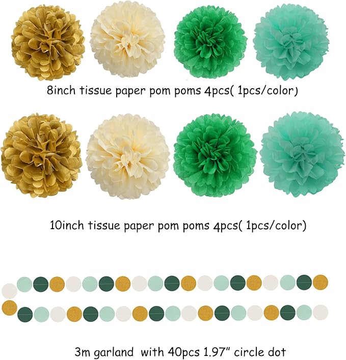 Sage-Green Beige-Gold Baby Bridal-Shower Decorations - 30pcs Rustic Wedding Tissue Pom Poms,Tassel Garland Banner,Birthday Gender Reveal Bachelorette Engagement Party Decor Bunting Lasting Surprise