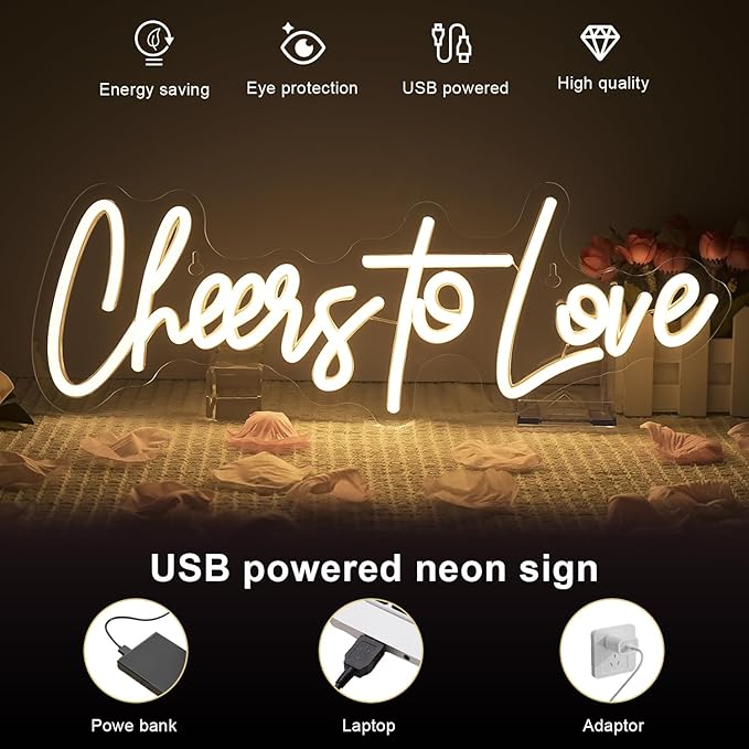 Lucunstar Cheers to Love Neon Sign Wedding Neon Sign Led Lights for Room Warm White Wall Decor Light Sign for Wedding USB Powered Sign Decor 16.5"X5.9"