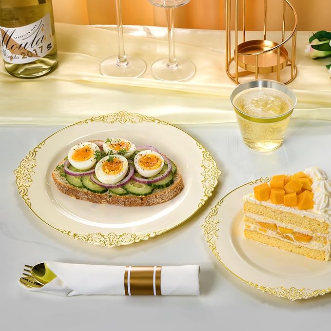 175PCS Ivory Plastic Plates for 25 Guests Disposable Dinnerware Sets Include 50 Plastic Plates, 25 Silverwares, 25 Cups, and 25 Pre Rolled Napkins for Party, Wedding and Graduation