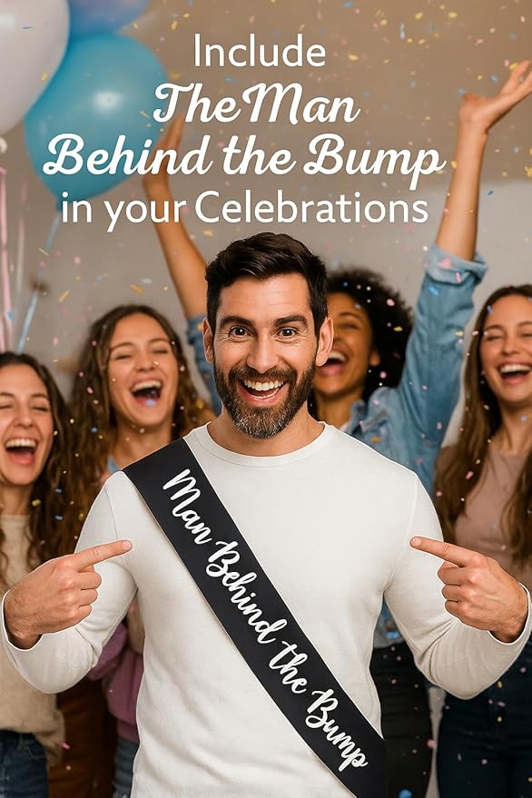 "Man Behind The Bump" Funny Baby Shower Sash for Daddy to Be, Baby Shower Party Decorations Gifts Supplies Dad to Be Baby Gender Reveal Ideas New Father Favors (Black and White)