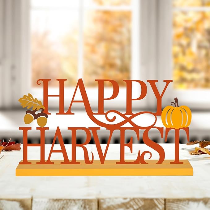 COCHIE Metal Happy Harvest Sign, Orange Fall Decorations for Home, Office, Shelf, Mantel, Indoor, Autumn Pumpkin Decoration, Hello Fall Leave Decor (Harvest)
