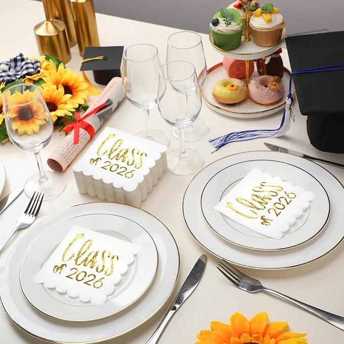 100 Pcs Class of 2026 Graduation Cocktail Napkins 5 x 5 Inch Congrats Grad Scalloped Paper Napkins for Dinner Beverage Graduate Decorations(Gold)