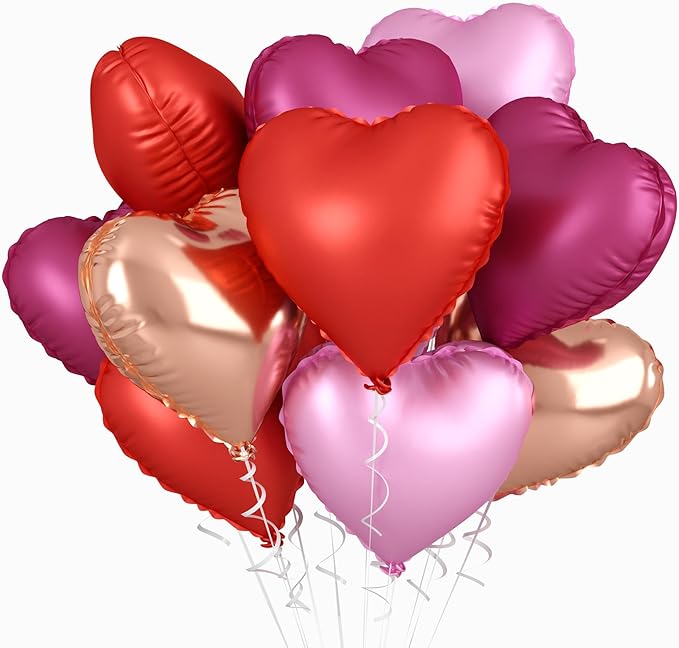 Rose Gold and Pink Heart Balloons, 18 Inch Hot Pink Heart Shape Balloons Foil, 10 Pcs Rose Gold Pink Heart Balloon for Girls Women Valentines Day Birthday Wedding Baby Shower Bridal Party Decorations
