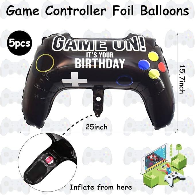 5 Pieces Video Game Party Balloons, Giant Video Game Controller Mylar Foil Balloons Game on Balloons for Kids Boys Gaming Theme Birthday Party Video Game Baby Shower Decorations Supplies