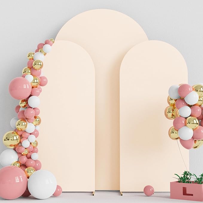 Wokceer Wedding Arch Cover 7.2FT, 6FT, 6FT Spandex Set of 3 Wedding Arch Stand Covers Round Top Chiara Arch Backdrop Stands Cover for Birthday Party Ceremony Banquet Decor Beige