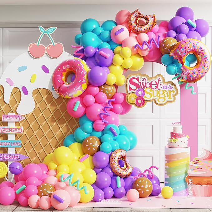 153Pcs Rainbow Donut Balloon Arch Garland Kit with Sprinkles Donut Ice Cream Lolly Foil Balloons for Girls Kids Candyland Sweet One Two Sweet Donut Grow Up Birthday Party Decorations