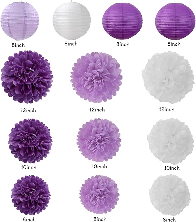 Lavender-Purple White Graduation Party Decorations - 20pcs Paper Lanterns Fans,Tissue Pom Poms,Honeycomb Balls,Birthday Wedding Bridal Baby Shower Engagement Bachelorette Decor Burgleda