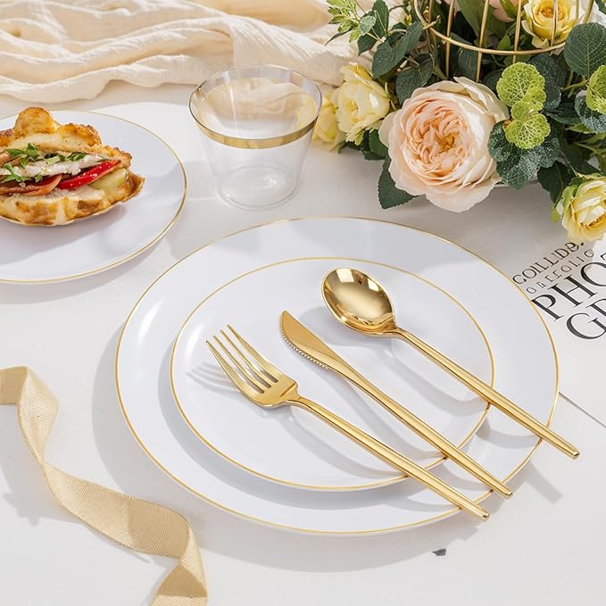bUCLA 150PCS White and Gold Plastic Plates Disposable - 25 Guests Gold Dinnerware Set - Include 25 Each (Dinner & Dessert) Plates, 25 Knives, 25 Forks, 25 Spoons & 25 Cups for Party