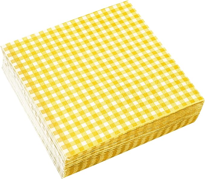 Gatherfun Party Supplies, Disposable Paper Napkins Yellow and White Gingham Napkins for Easter Party（3-ply, 6.5X6.5 in, 50-Pack)
