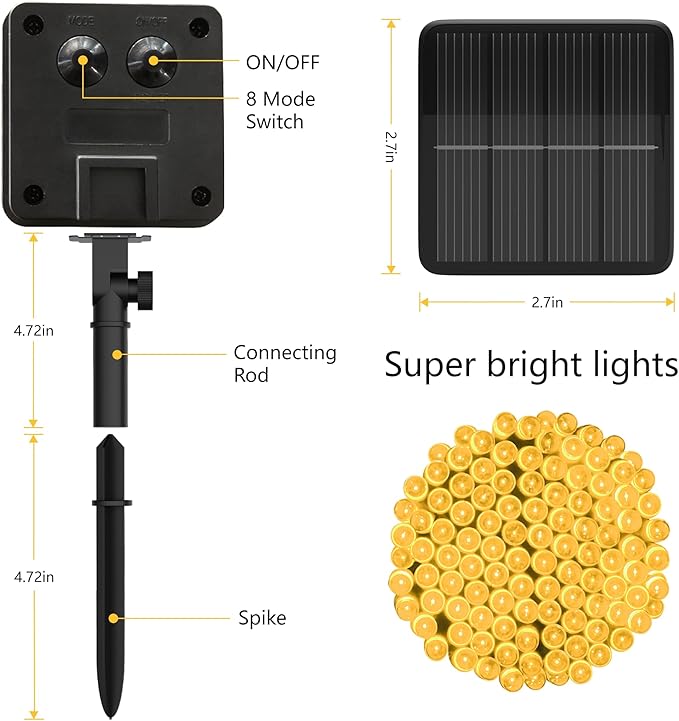 2Pack-300LED Solar String Lights, 112Ft Solar String Lights Outdoor with 8 Modes ，Solar Christmas Lights Outdoor Waterproof for Yard, Fence,Balcony, Party,Christmas Tree Decorations (Warm White)