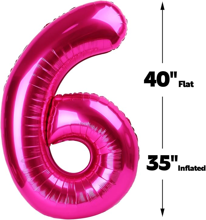 40 Inch Hot Pink Mylar Foil Number 6 Birthday Balloon, Digital Balloons for 6 16 Boy Girl Party Decorations Supplies, Big Helium Balloon Numbers for 26 36 46 60 Men Women Anniversary