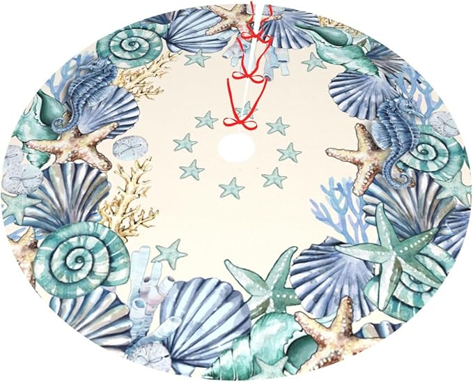 Summers Shell Coastal Wreath Beach Starfish Sea Theme Seahorses Christmas Tree Skirt Xmas Tree Mat Halloween Christmas Tree Ornaments Decorations Holiday Party Indoor Outdoor 30"