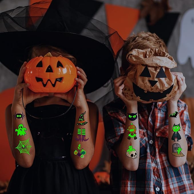 JCFIRE Glow Halloween Party Supplies, Halloween Temporary Tattoos for Kids Party Favors, Birthday Party Decorations Activities Games Accessories, Goodie Bags Fillers