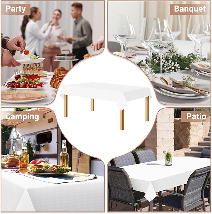 Disposable Table Cloth for Rectangle Tables 5 Pack, 54'' x 108'' White Paper Tablecloths for 3-9 Ft Tables, Paper & Plastic Party Table Cover for Outdoor, Birthday, Wedding, Banquet