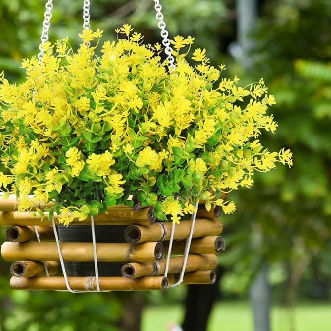 RECUTMS Spring Greenery 10 Bundles Artificial Fake Flowers, Artificial Boxwood Plants,Faux Outdoor Plastic Plants UV Resistant Shrubs Fake Outdoor Plants Outside Indoor Decorations(Yellow)