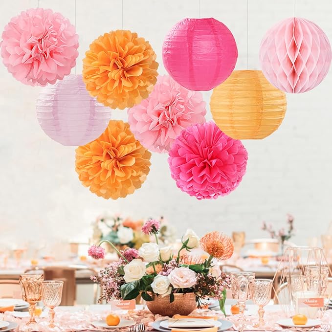 Hot Pink Orange Paper Flowers Tissue Pom Poms Honeycomb Lanterns 15pcs Party Decorations Fall Thanksgiving Wedding Baby Bridal Shower Birthday Autumn Groovy Sunset Hanging Supplies Mprocherify