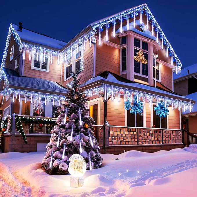 Kwaiffeo Christmas Lights Outdoor, 8 Tubes Meteor Shower Lights LED Snow Falling Icicle Cascading Light for Xmas Tree Wedding Decoration Party, UL Plug, White