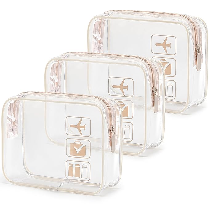 MODENGKONGJIAN TSA Approved Toiletry Bag, 3 Pcs Clear Toiletries Bags Quart Size Travel Makeup Cosmetic Bag for Women Men, Carry on Airport Airline Compliant Bag (Flesh Pink)