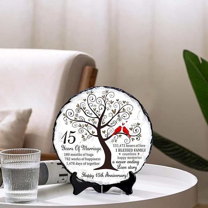 15th Wedding Anniversary Slate Plate – Crystal Anniversary Wedding Gifts for Couple or Parents – Unique 15 Years of Marriage Celebration Decoration – 5.9 inches Plaque, Keepsake
