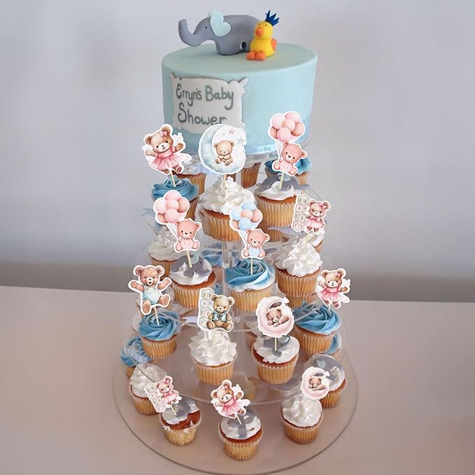 Gyufise 32Pcs Baby Shower Bear Cupcake Toppers Moon Baby Bear Baby Shower Cake Topper Decorations Jungle Animal Theme Birthday Party Cake Supplies Blue Pink