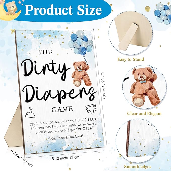 Roowest 51 Pcs Dirty Diaper Baby Shower Games Funny Wooden Sign with 50 Pcs Mini Diapers Cute Felt for Gender Reveal Party Baby Shower(Bear Blue)