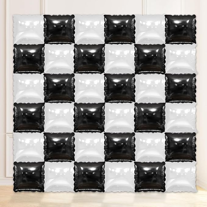 36 Pcs Black and White Square Foil Balloon Wall Backdrop Double Sided Race Car Checkered Balloons Backdrop Tunnel Arch Kit Mylar Square Balloons for Race Car Birthday Party Decorations