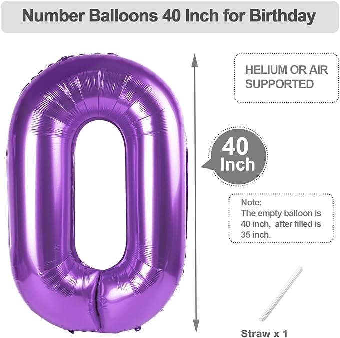 40 Inch Number Balloons, Purple Balloons 10th Birthday Decoration For Woman Man, Foil Number 10 Ballon for 10, 100 Anniversary, Bridal Shower, Graduation, Wedding, New Year, Valentine's Day