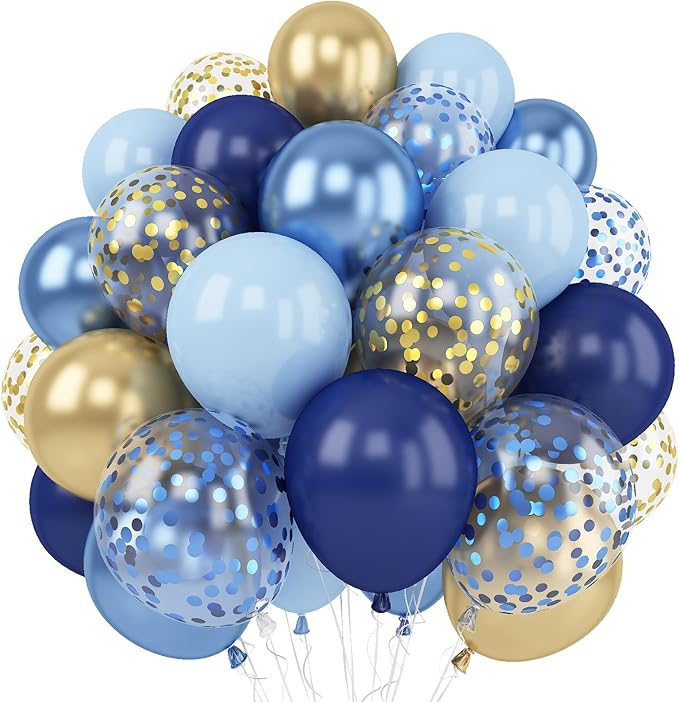 Navy Blue Gold Balloon, 60 Packs 12 Inch Metallic Blue and Macaron Blue Balloons with Metallic Gold Confetti Balloons for Birthday Party Decorations, Wedding, Bridal Shower, Baby Shower, Graduate