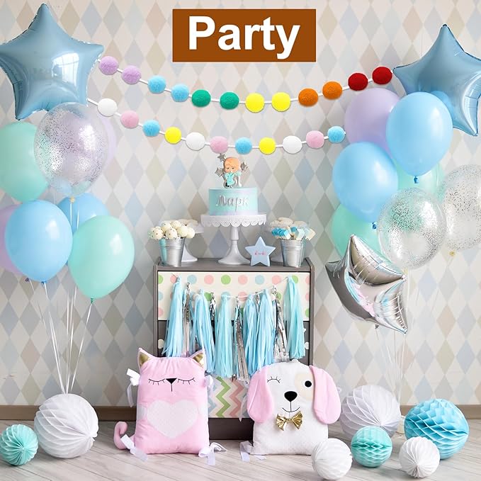 uxcell 2pcs Pom Pom Garland 6.6 Ft 30 Balls Colorful Felt Ball Garland for Wall Christmas Tree Decor Birthday Banner Easter Party Decorations, White, Grey, Blue