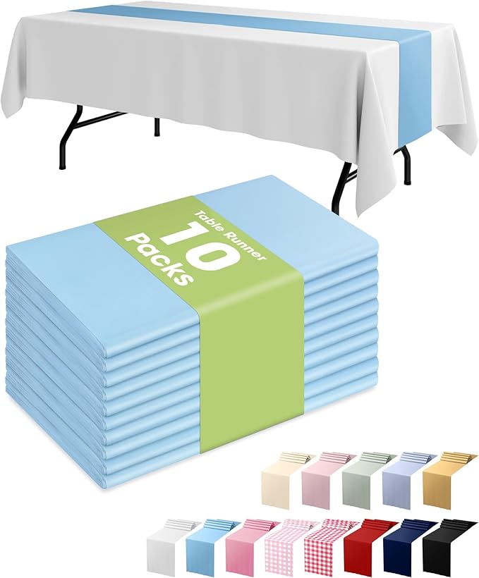 Pureegg Light Blue Plastic Table Runners - 10 Pack, 14'' x 108'', Water Resistant & Disposable Centerpiece Decorations for Table Cloth, Wedding, Birthday, Holiday, Baby Shower, Party, Home Decor